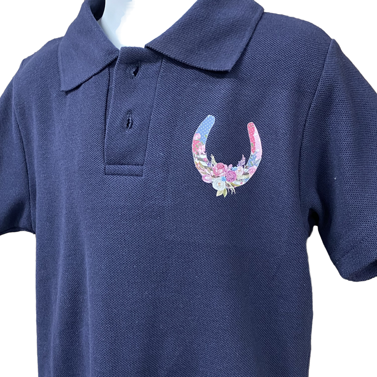 Little Girls Floral Horseshoe Short Sleeve Navy Polo Shirt Sz4 & 6 Left ON SALE